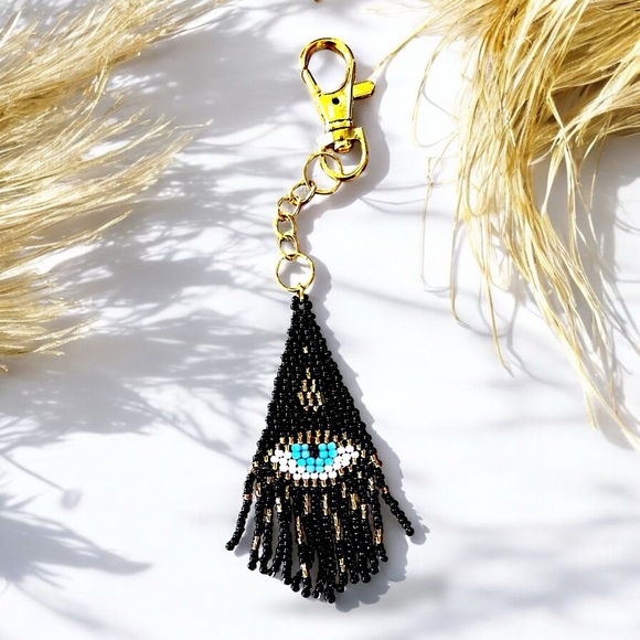 Evil Eye Bag Charm with Hand Beaded Glass Seed Beads and Gold Toned Clasp - Picture 13 of 17
